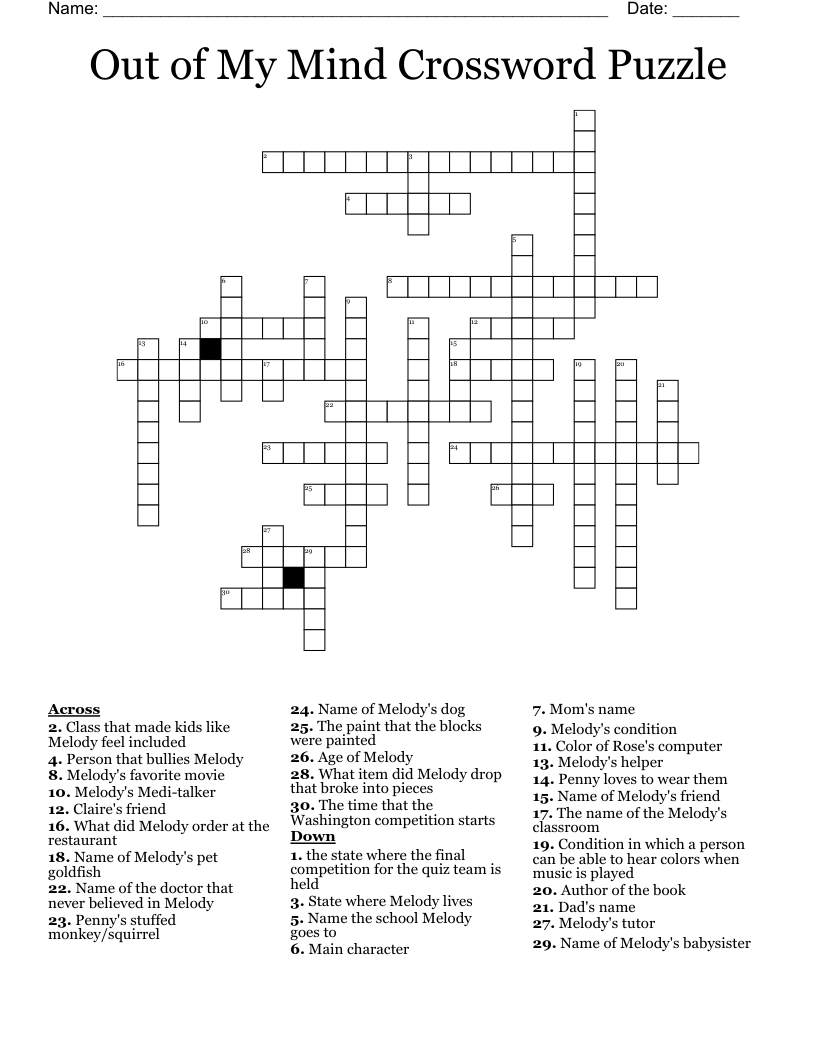 Out Of My Mind Crossword Puzzle WordMint
