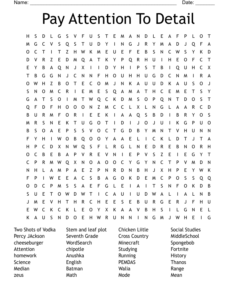 Pay Attention To Detail Word Search WordMint