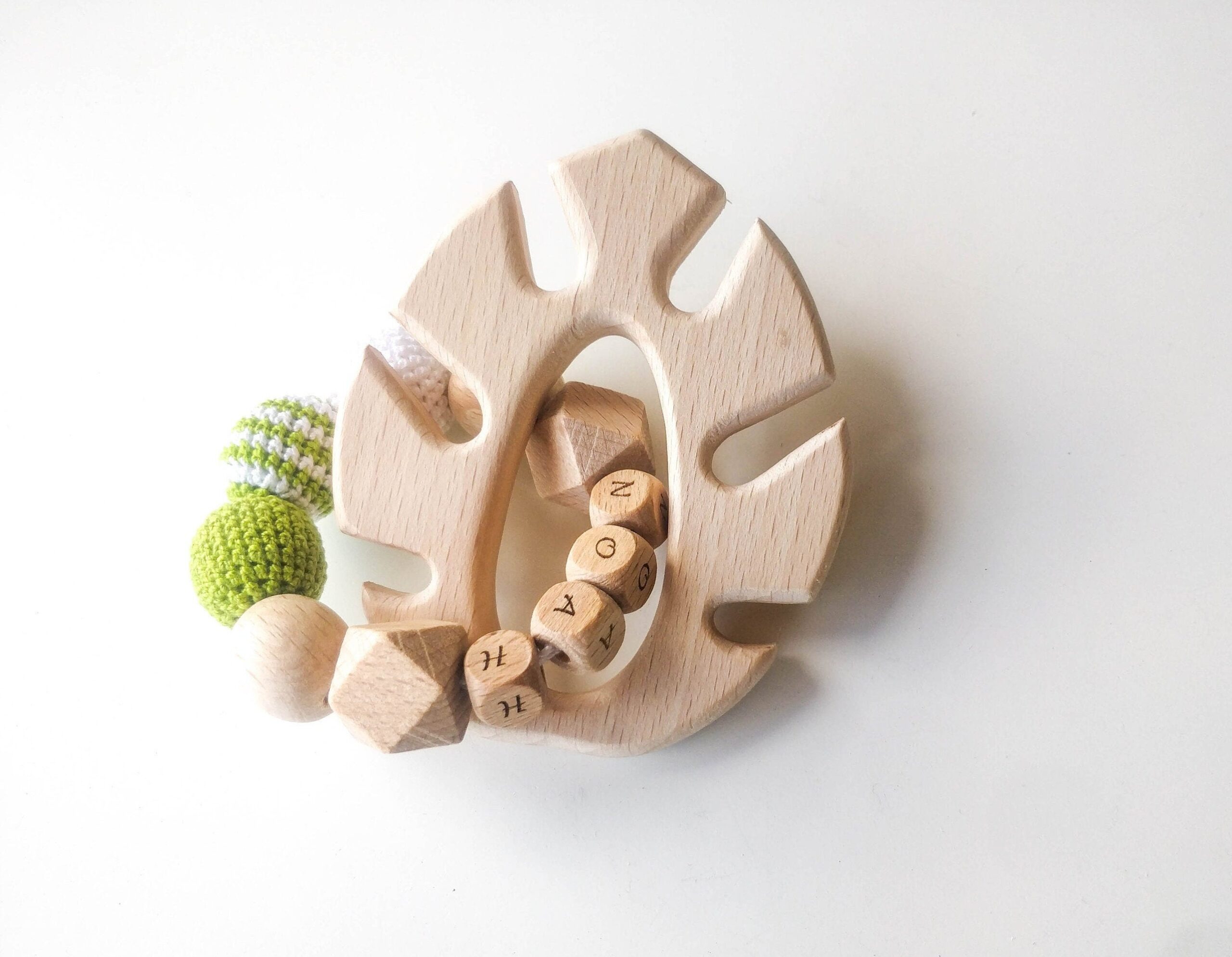 Personalised Wooden Crochet Toy Monstera Leaf Baby Rattle Etsy