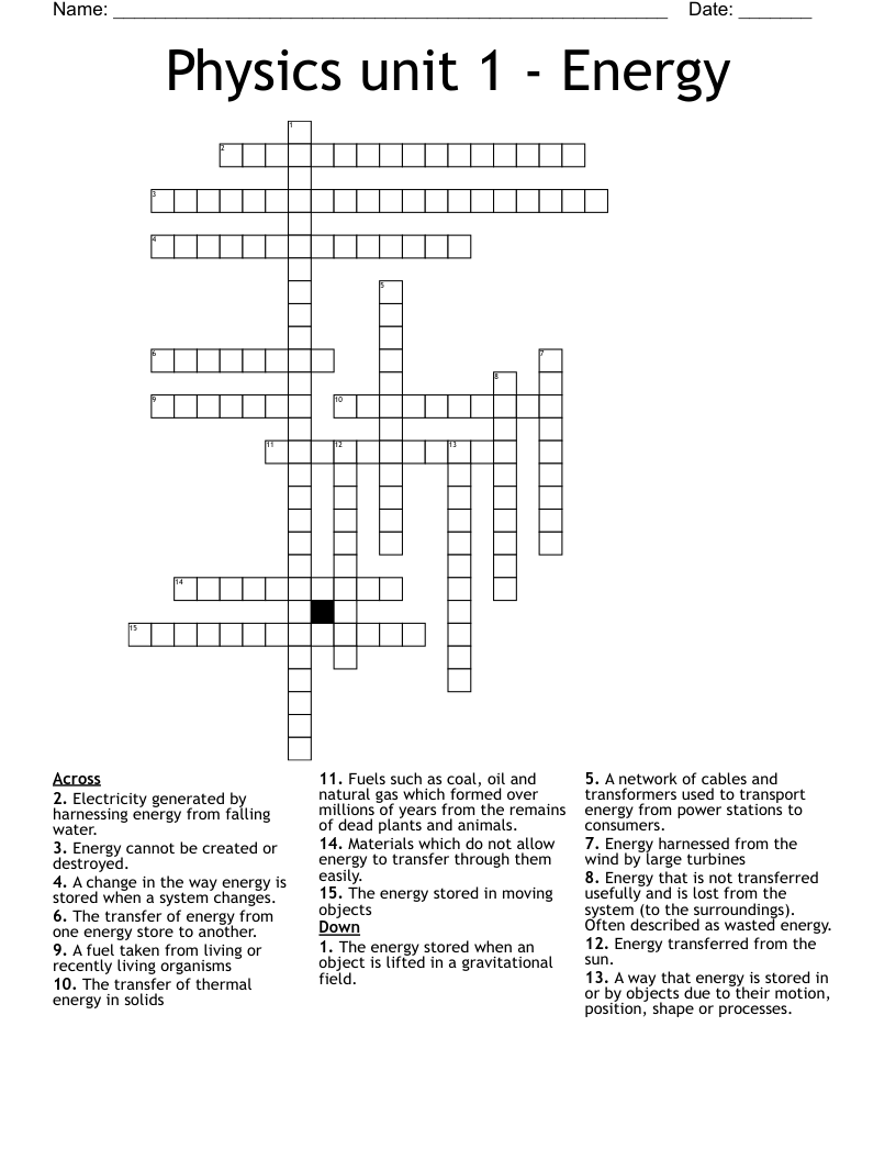 Physics Unit 1 Energy Crossword WordMint