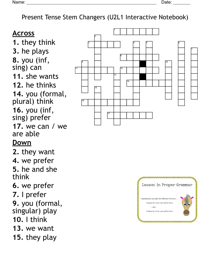 Present Tense Stem Changers U2L1 Interactive Notebook Crossword WordMint