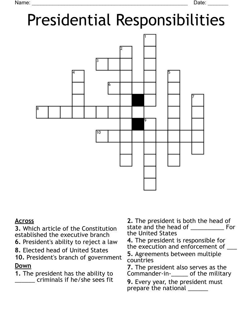Presidential Responsibilities Crossword WordMint Presidential Responsibilities Crossword WordMint