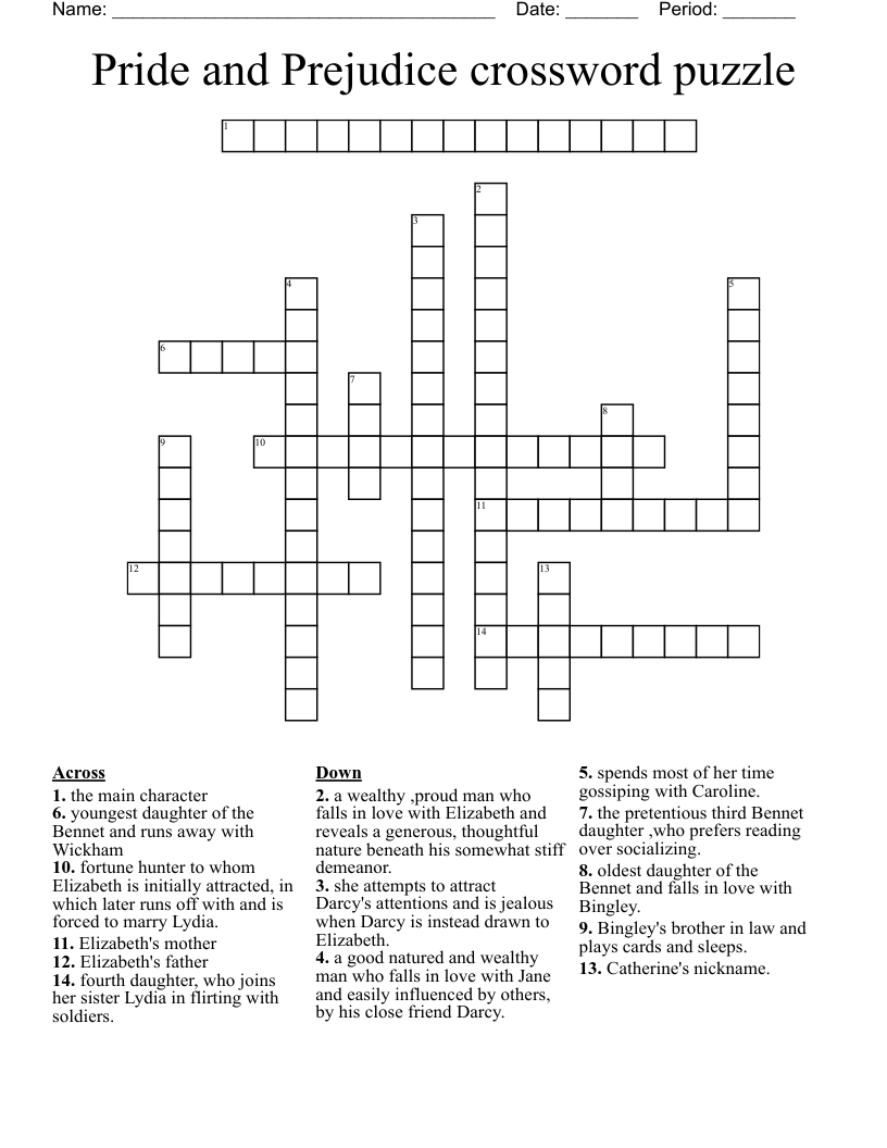 Pride And Prejudice Crossword Puzzle WordMint