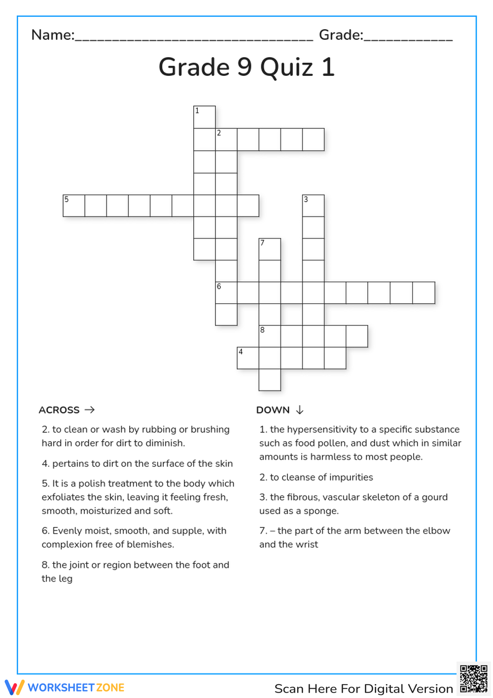 Printable Grade 9 Crossword Worksheets