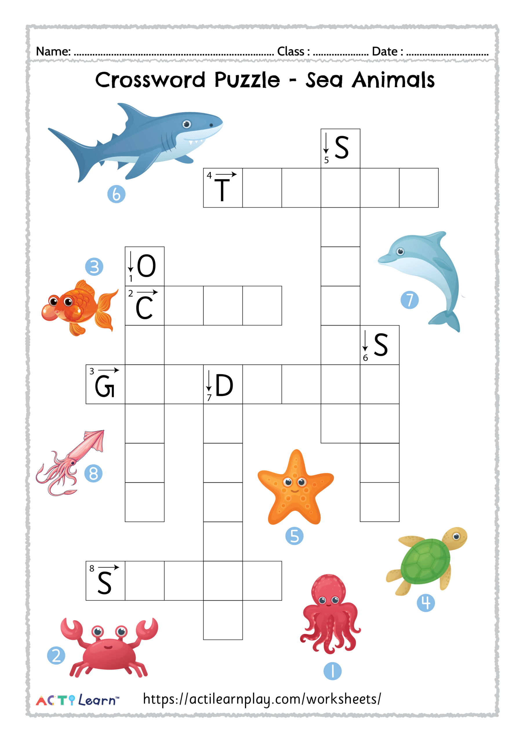 Printable Sea Animals Crossword Puzzle Marine Activity Printable Sea Animals Crossword Puzzle Marine Activity