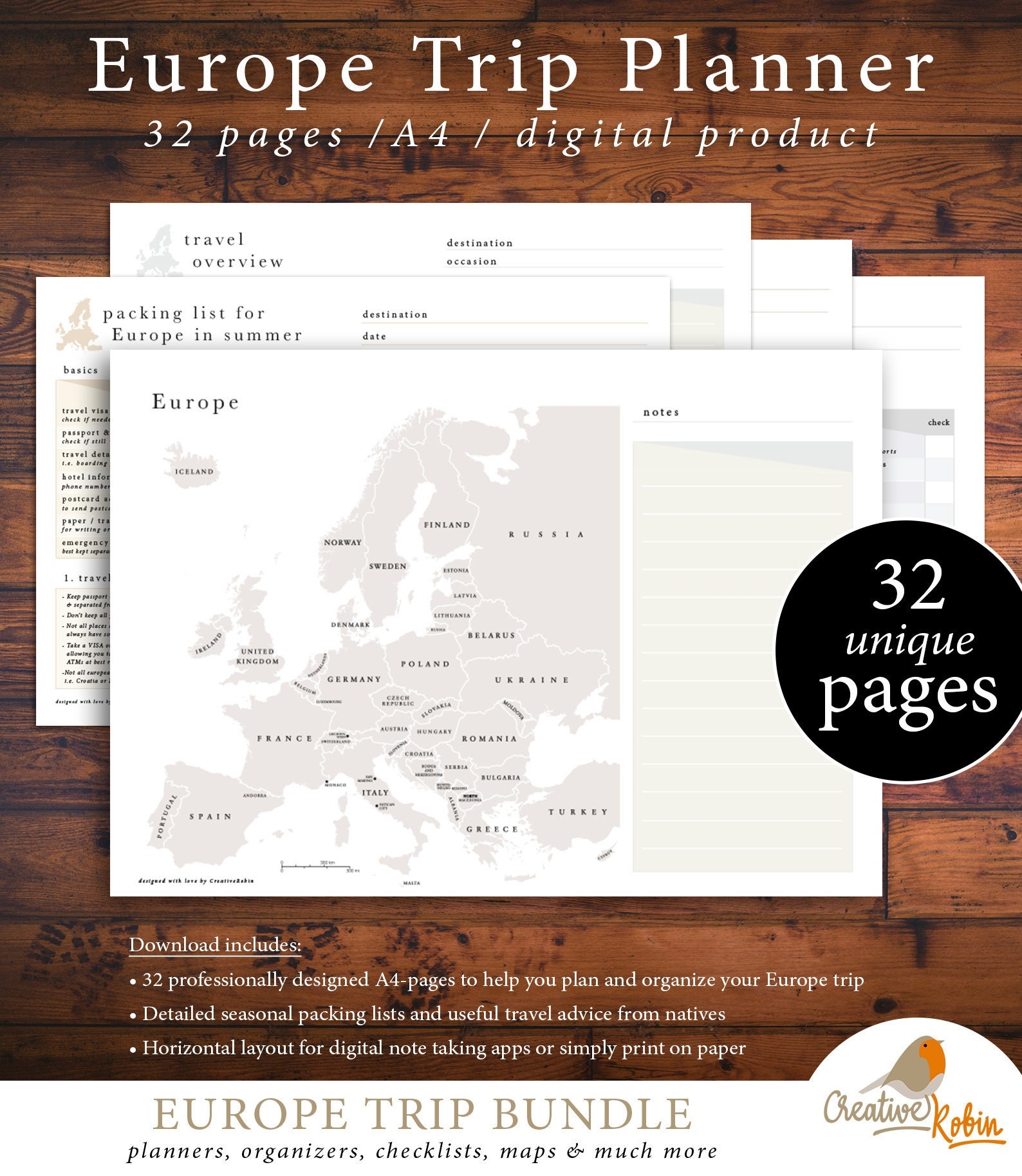 Printable TRAVEL PLANNER EUROPE Trip Planner Europe Map Travel Vacation Journal Travelers Notebook Etsy