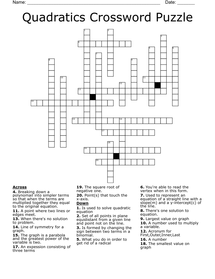 Quadratics Crossword Puzzle WordMint