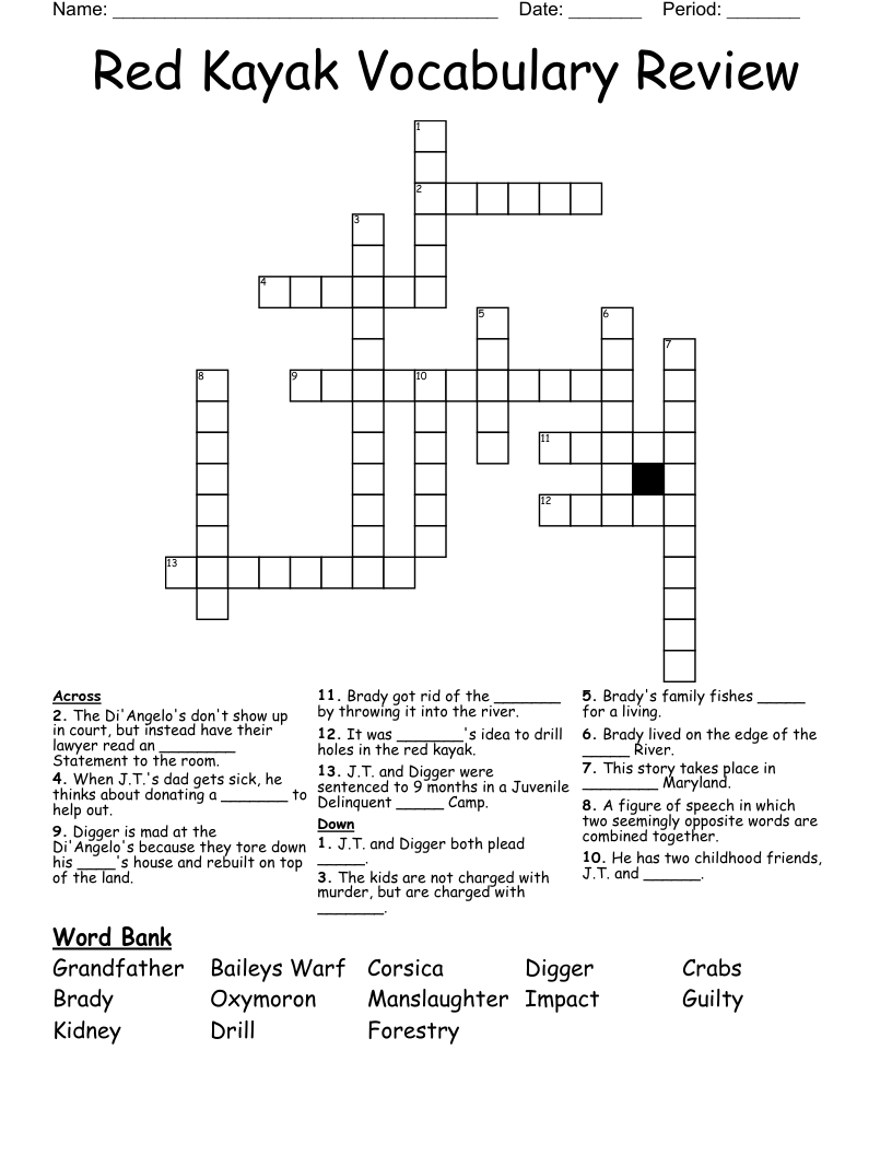 Red Kayak Vocabulary Review Crossword WordMint