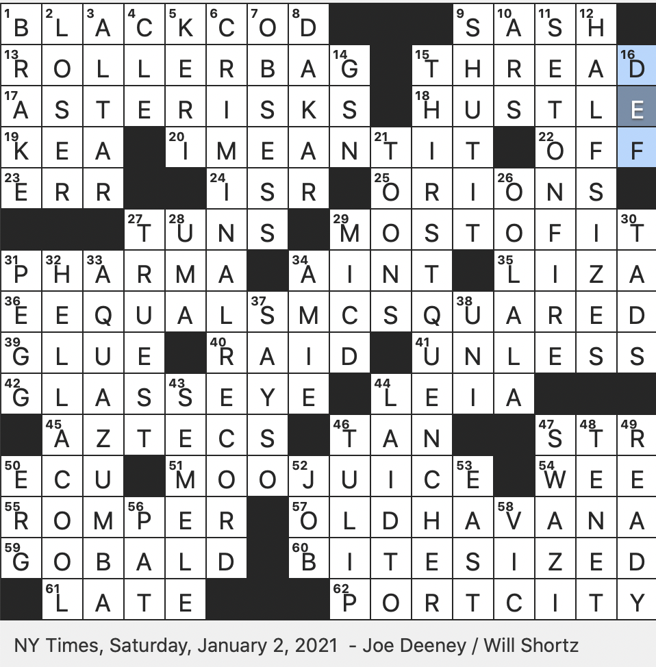 Rex Parker Does The NYT Crossword Puzzle Delicacy Also Known As Sablefish SAT 1 2 21 Milk Slangily Caribbean Locale Across The Water From Morro Castle Stopped A Ship Using