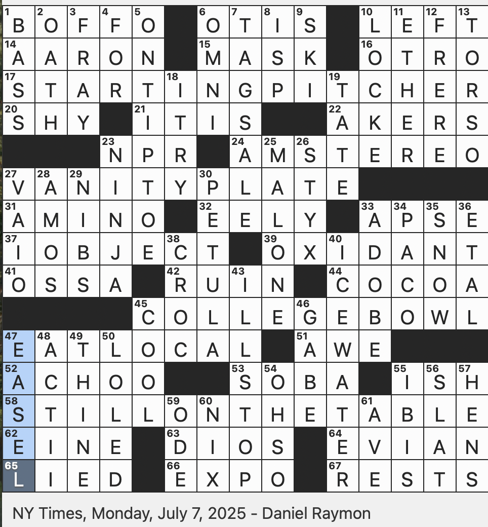 Rex Parker Does The NYT Crossword Puzzle Flamenco Guitarist De Luc a MON 7 7 25 Mantra For Many Foodies Long running Student Quiz Show One Might Read FASTCAR Singer