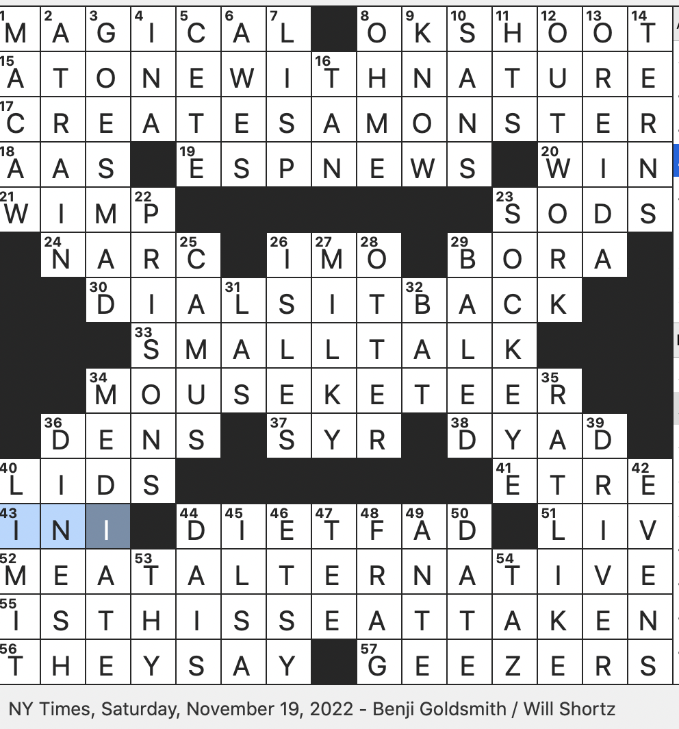 Rex Parker Does The NYT Crossword Puzzle Grenade In Gaming Lingo SAT 11 19 22 Whirling Toon Familiarly Fed On The Sly Quirky Old Fellas Birds That Rarely Swim