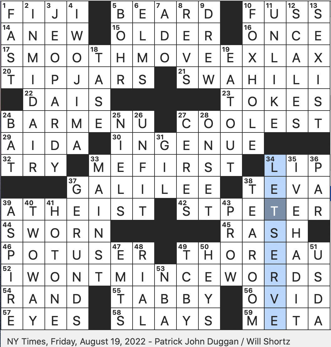 Rex Parker Does The NYT Crossword Puzzle Opera Daughter Of Amonasro FRI 8 19 22 Jazz Great Evans Putdown To A Klutz In Dated Slang Big Purveyor Of Frozen Desserts 