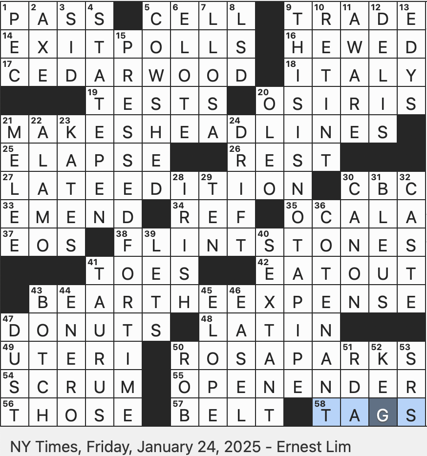Rex Parker Does The NYT Crossword Puzzle Seafarer s Device FRI 1 24 25 Some Stripes On Drapeaux Fran ais Green skinned God Of The Afterlife English Translation Of A Paradoxical Line In
