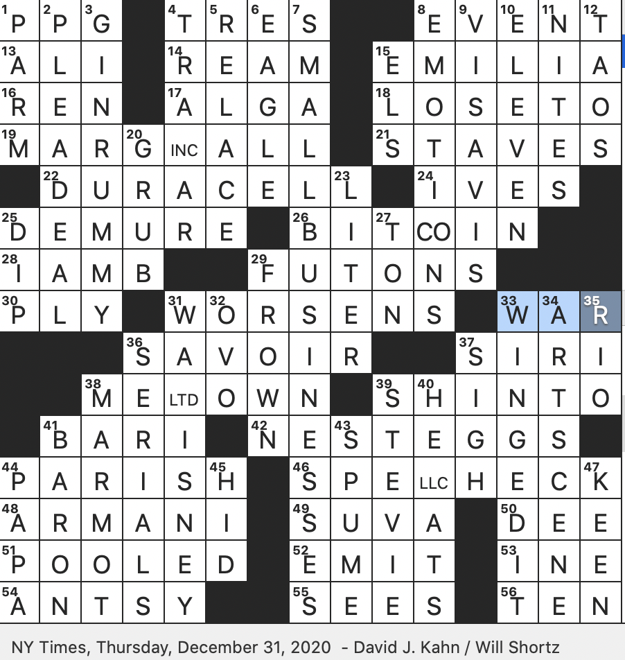 Rex Parker Does The NYT Crossword Puzzle Woodchuck Of The Western U S THU 12 31 20 Vivre Ability To Live Elegantly James Merritt Pioneer In American Lithography