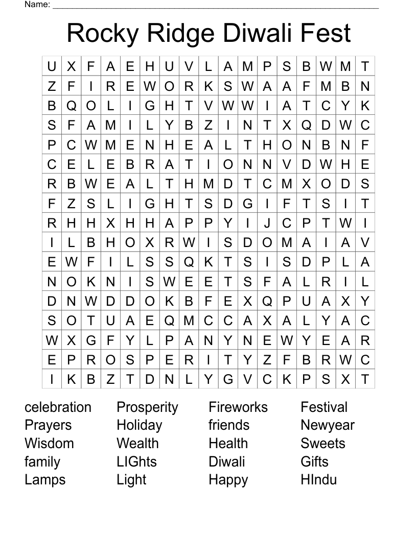 Rocky Ridge Diwali Fest Word Search WordMint