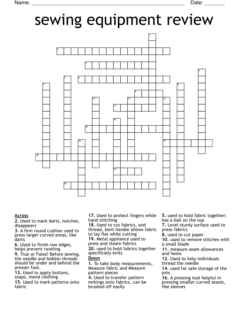 Sewing Equipment Review Crossword WordMint
