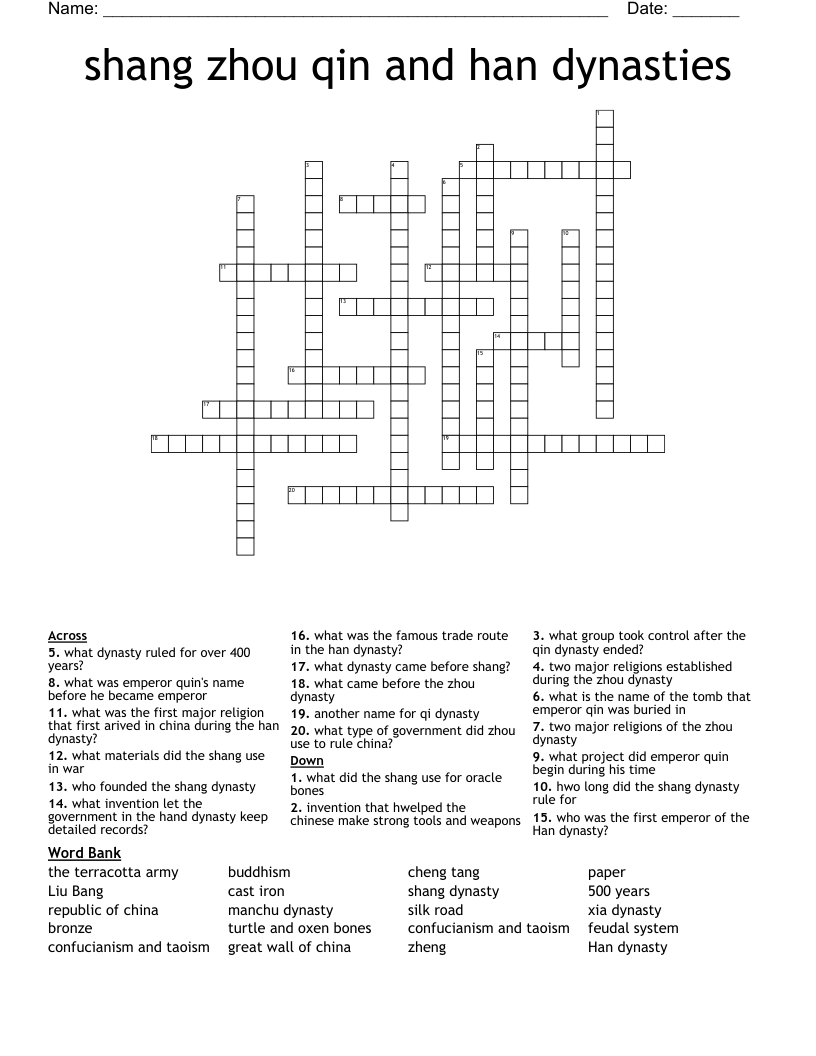 Shang Zhou Qin And Han Dynasties Crossword WordMint