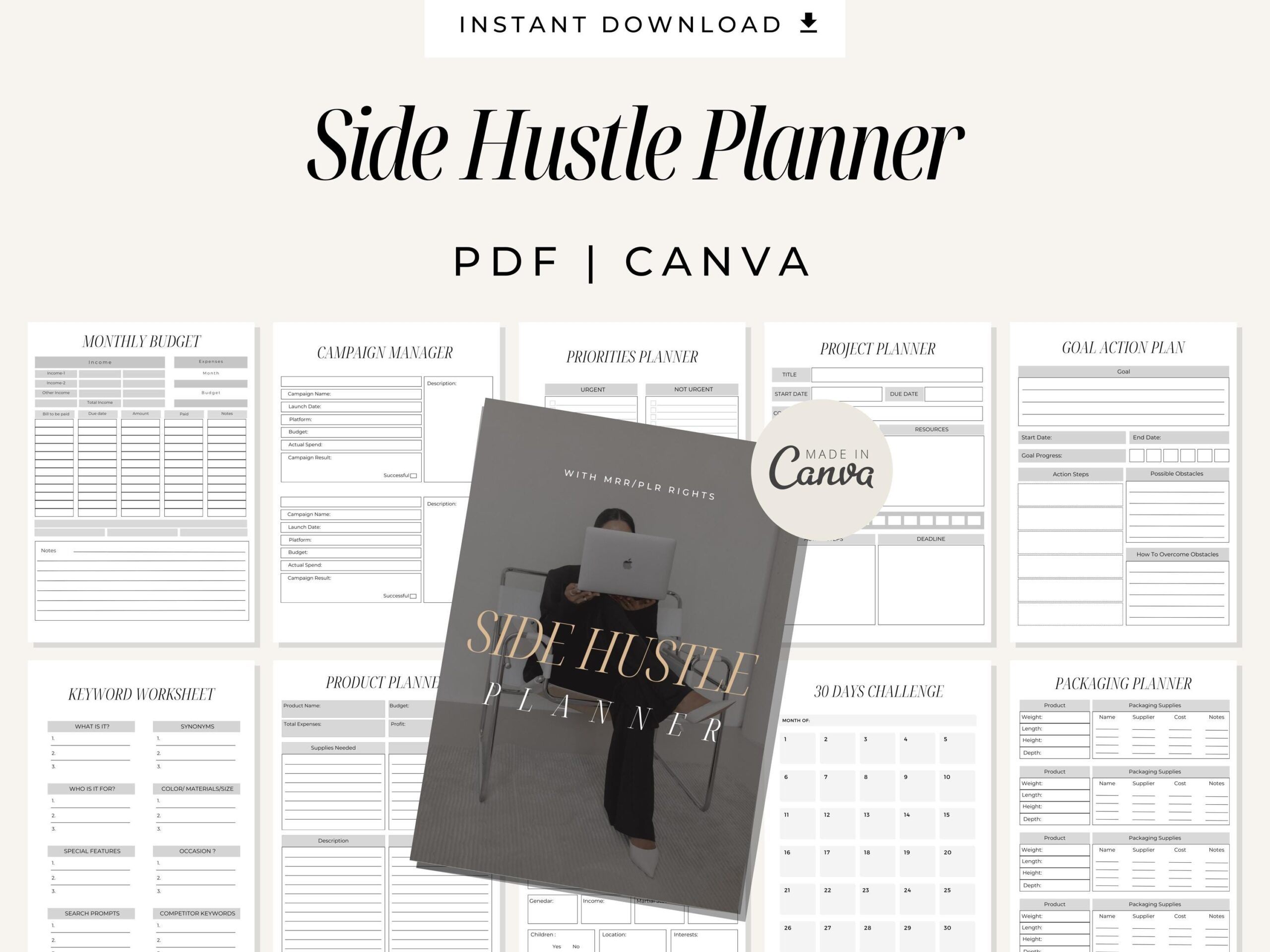 Side Hustle Planner W Master Resell Rights Side Business Planner Digital Planner MRR PLR Digital Product Sell As Your Own PDF Canva Etsy