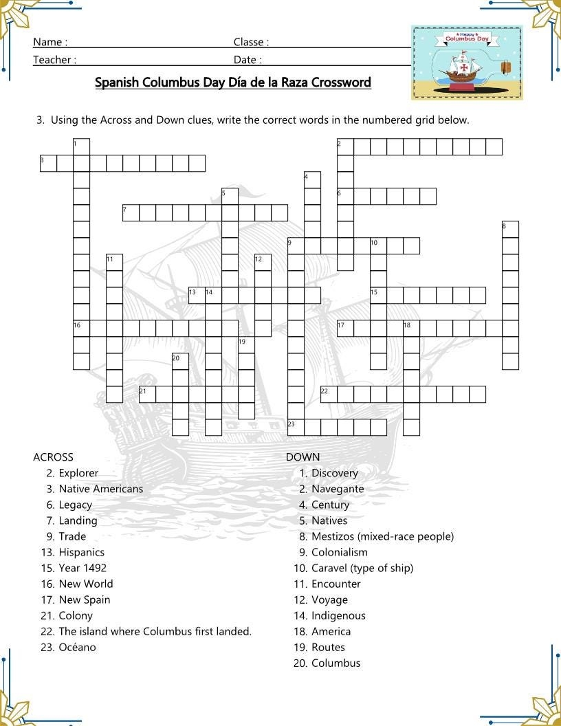 Spanish Columbus Day Vocabulary Crossword Worksheets Printable Activity For D a De La Raza Answer Keys Etsy Israel Spanish Columbus Day Vocabulary Crossword Worksheets Printable Activity For D a De La Raza Answer Keys Etsy Israel