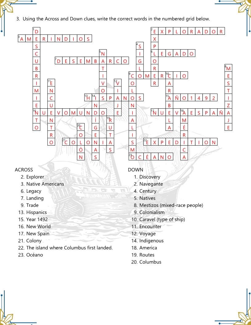 Spanish Columbus Day Vocabulary Crossword Worksheets Printable Activity For D a De La Raza Answer Keys Etsy