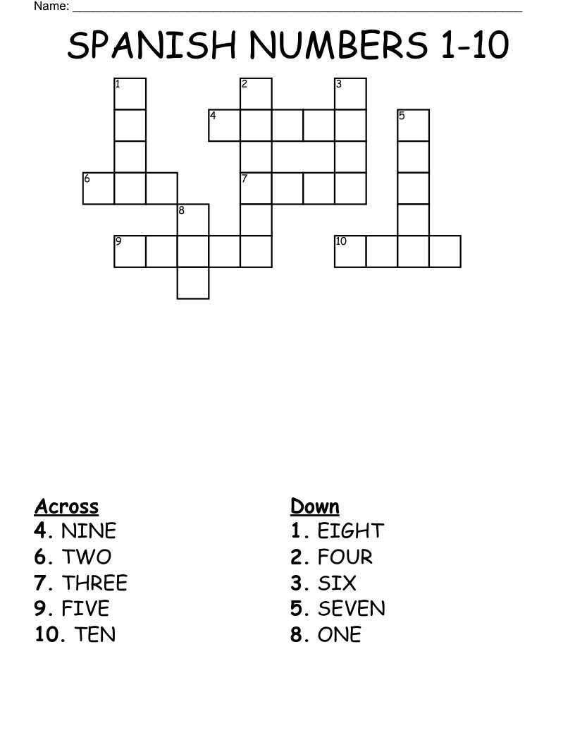 SPANISH NUMBERS 1 10 Crossword WordMint