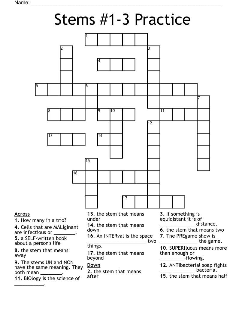 Stems 1 3 Practice Crossword WordMint