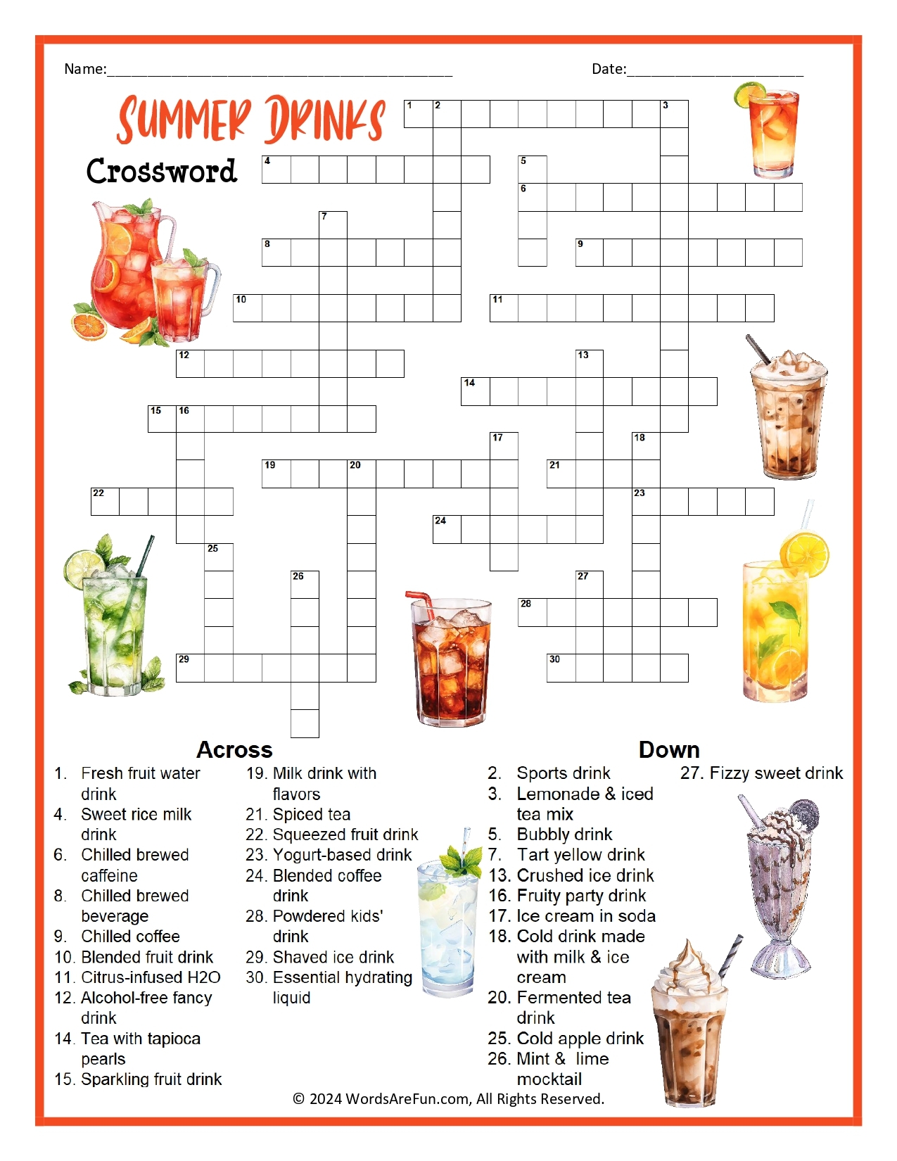 Summer Drinks Crossword Puzzle