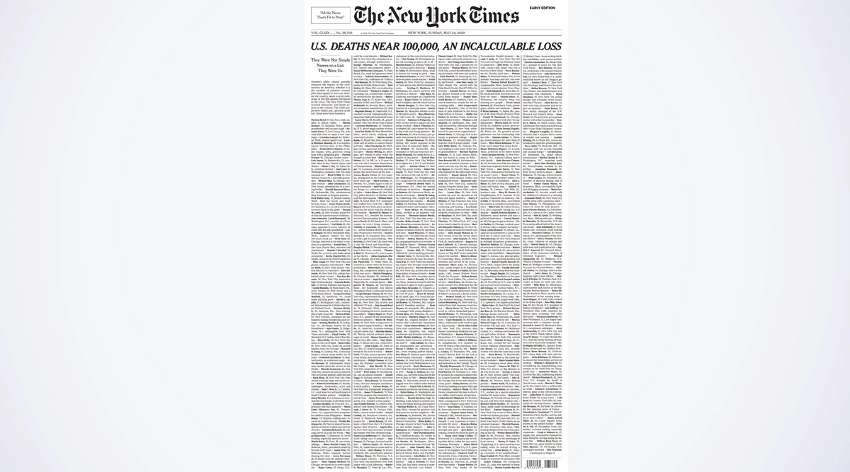 The New York Times Pay Homage By Dedicating Its Sunday Front Page With 1 000 Names Of COVID 19 Victims As US Nears 100 000 Deaths View Pic LatestLY