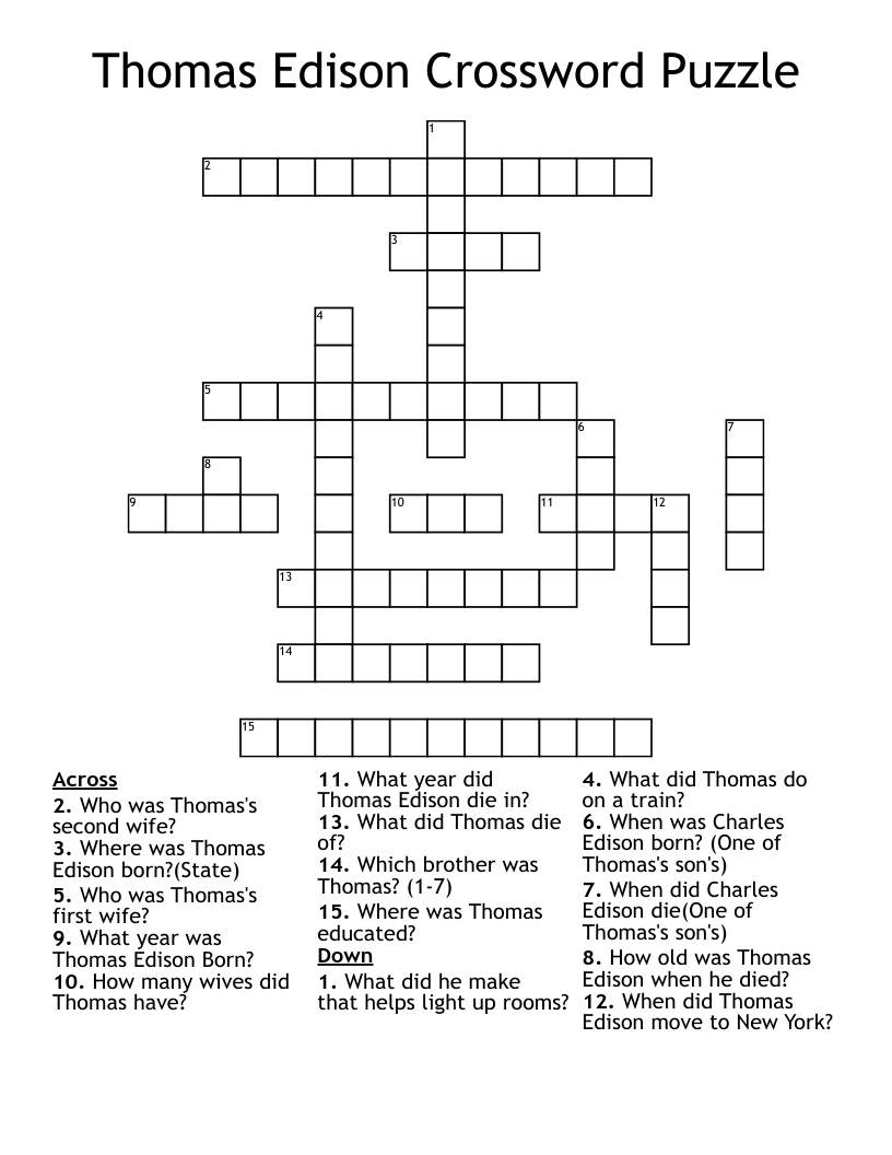 Thomas Edison Crossword Puzzle WordMint