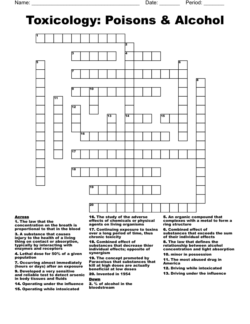 Toxicology Poisons Alcohol Crossword WordMint