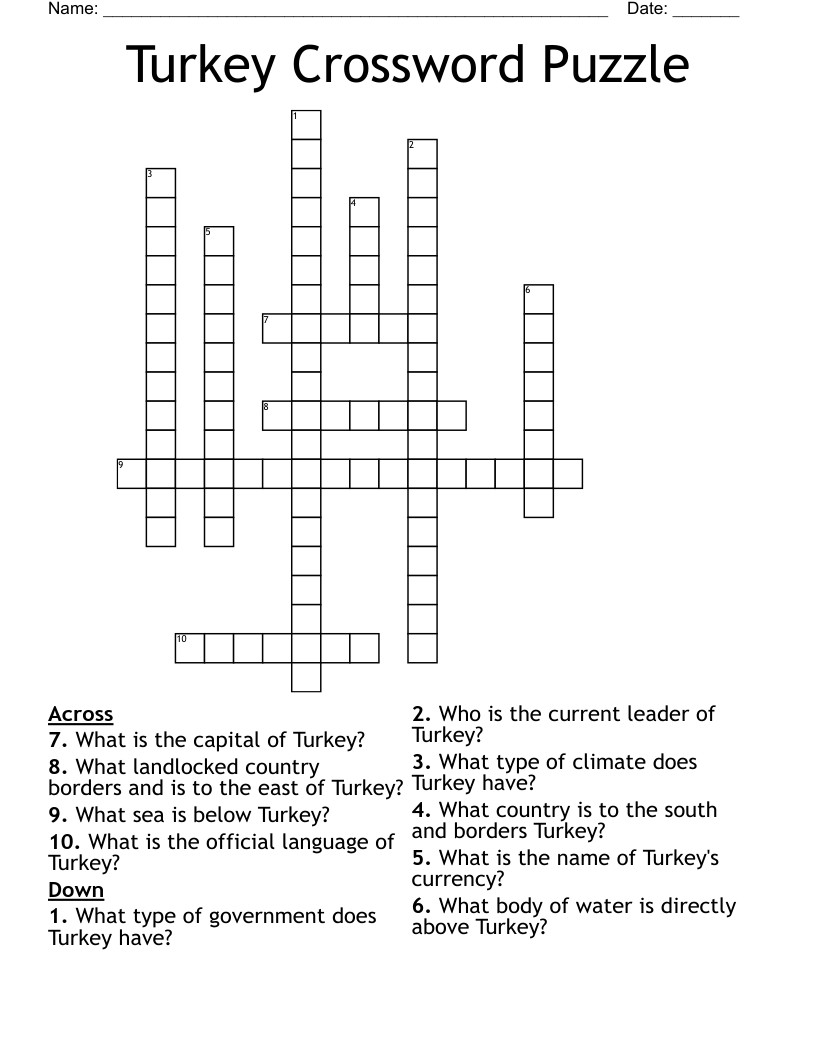 Turkey Crossword Puzzle WordMint