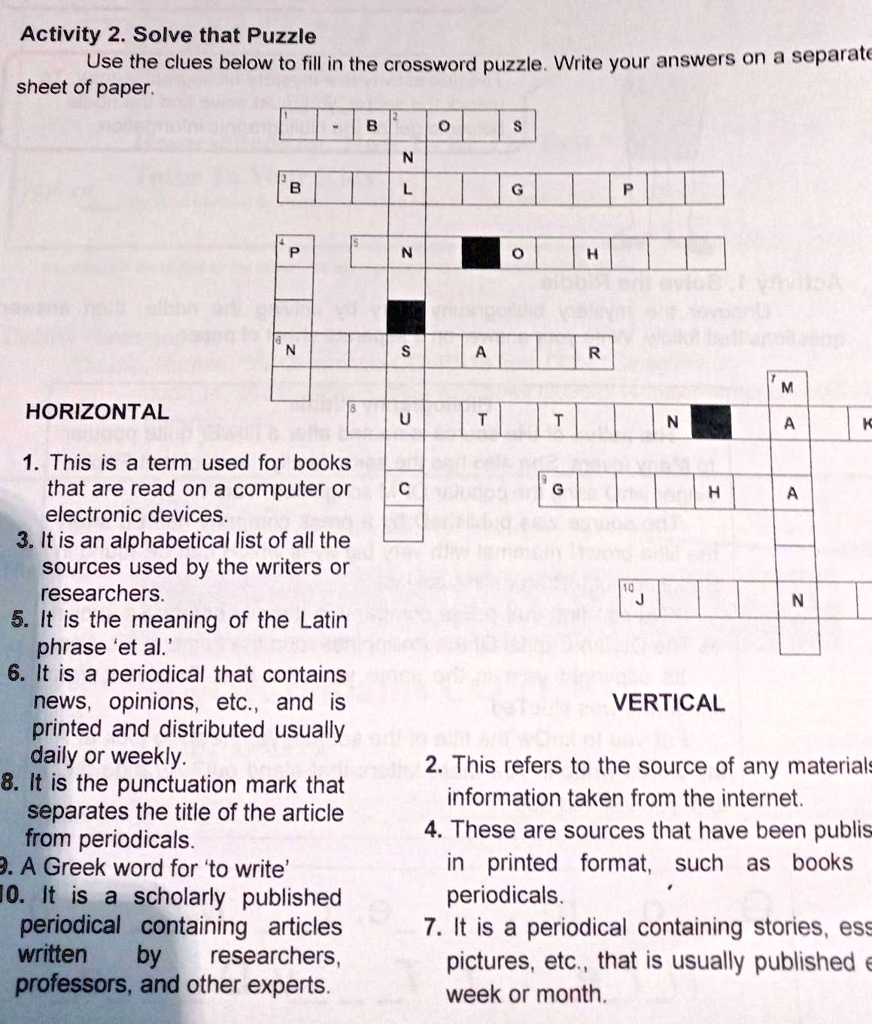 Use The Clues Below To Fill In The Crossword Puzzle Activity 