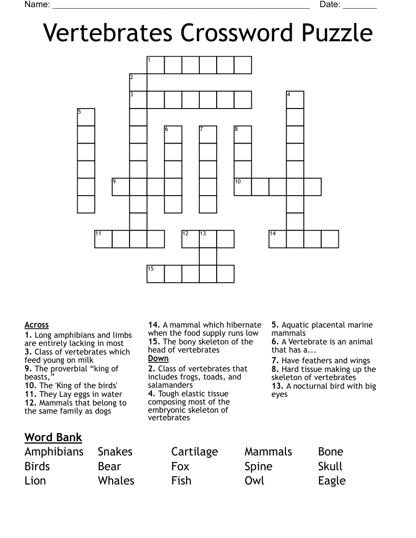 Vertebrates Crossword Puzzle WordMint Vertebrates Crossword Puzzle WordMint