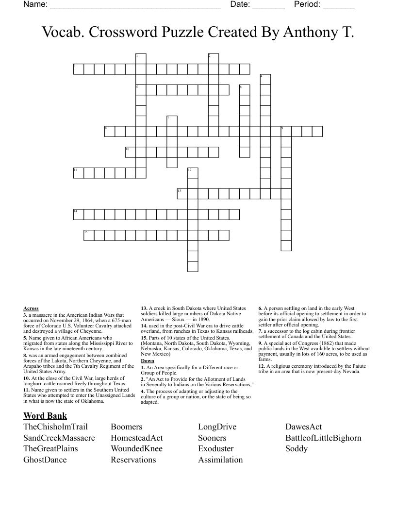 Vocab Crossword Puzzle Created By Anthony T WordMint