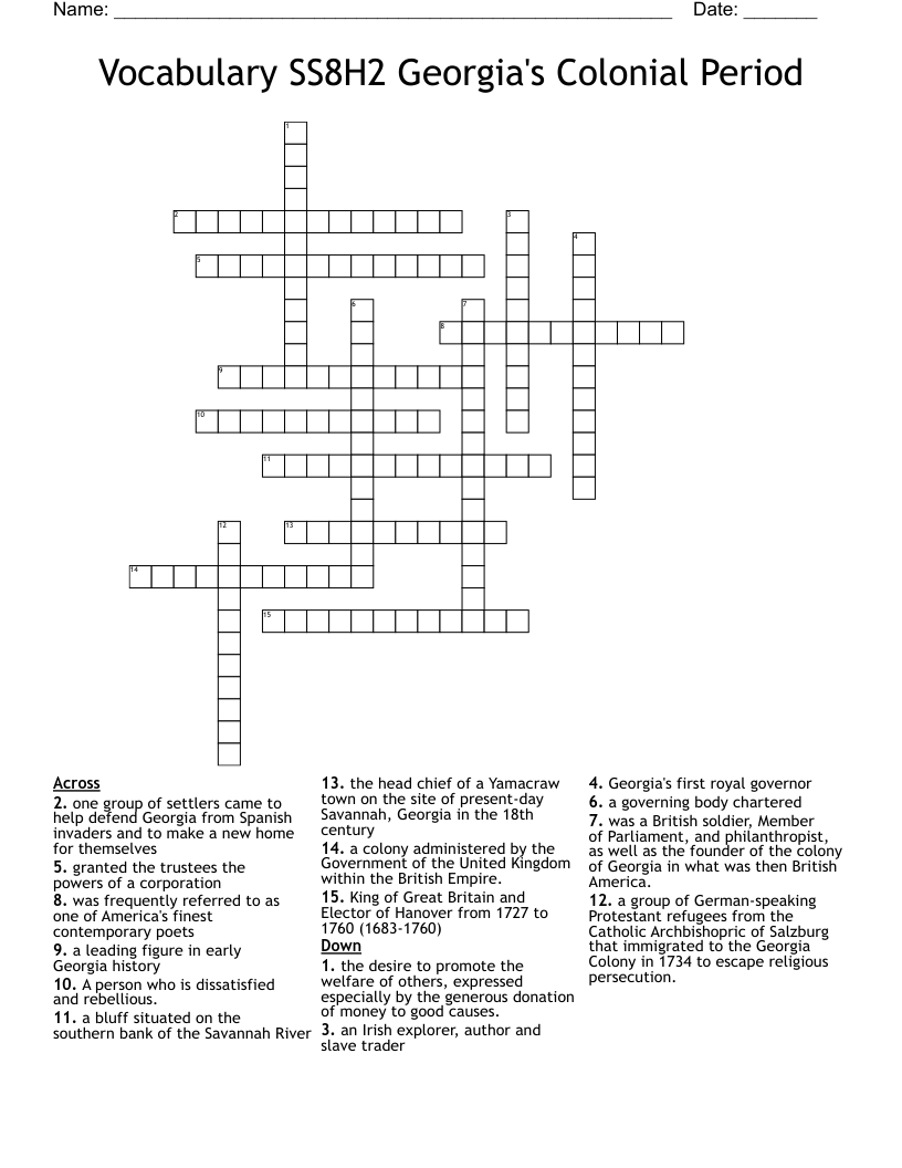 Vocabulary SS8H2 Georgia s Colonial Period Crossword WordMint