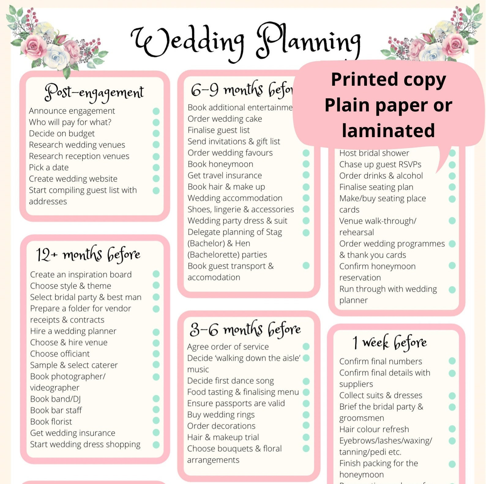 Wedding Planning Checklist printed Laminated Etsy Denmark