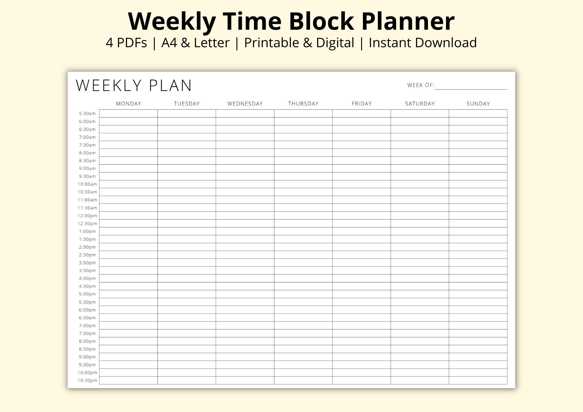 Weekly Time Block Planner 7 Day Plan 30 Minute Increments Week At A Glance Revision study Timetable Sheet Printable digital A4 letter Etsy Israel