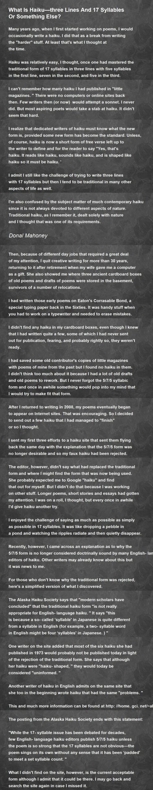 What Is Haiku three Lines And 17 Syllables Or Something Else What Is Haiku three Lines And 17 Syllables Or Something Else Poem By Donal Mahoney