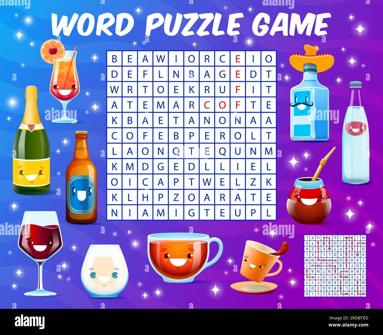 Word Search Puzzle Game Cartoon Drink And Cocktail Characters Vector Kid Crossword Worksheet Quiz Grid With