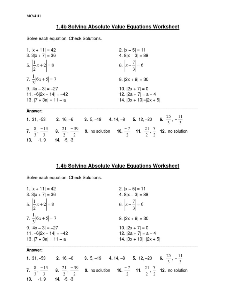 1 4b Solving Absolute Value Equations Worksheet PDF Equations Worksheets Library