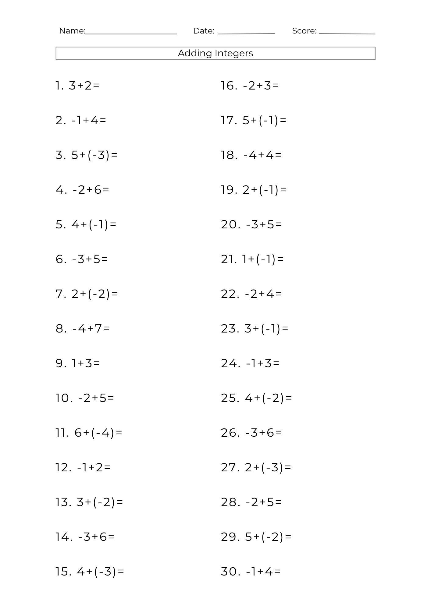 10 Printable Addition Subtraction Integers Worksheets Math Problems PDF Etsy Israel
