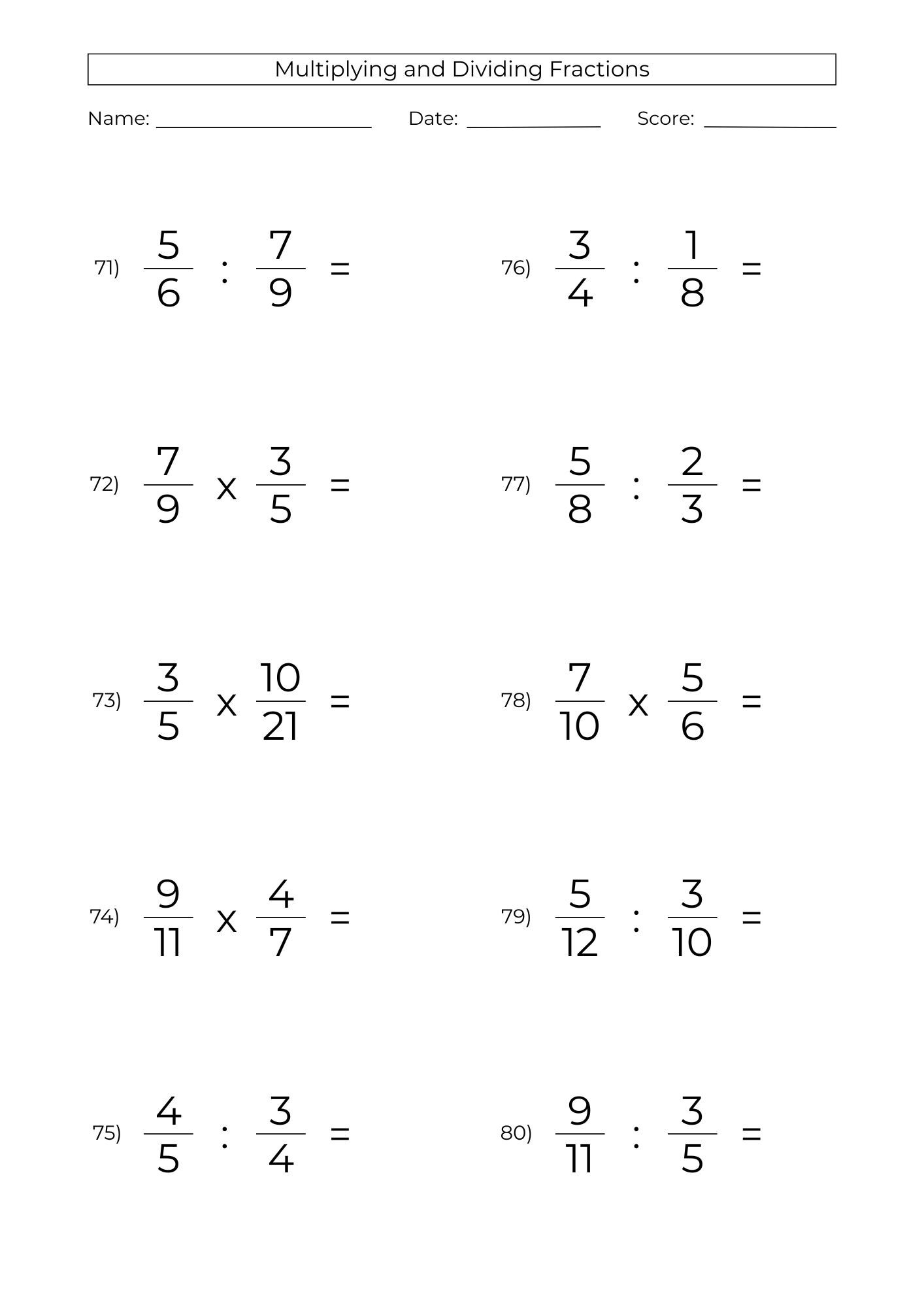 multiplying and dividing fractions worksheets
