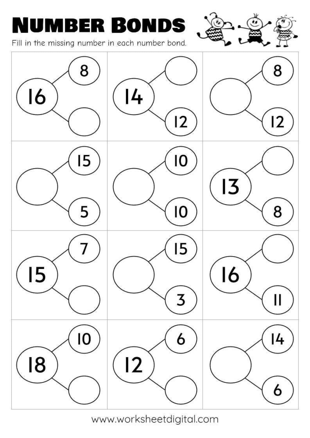 10 Printable Number Bonds Math Worksheets Numbers 1 To 20 Kindergarten First Grade Homeschool Etsy Sweden
