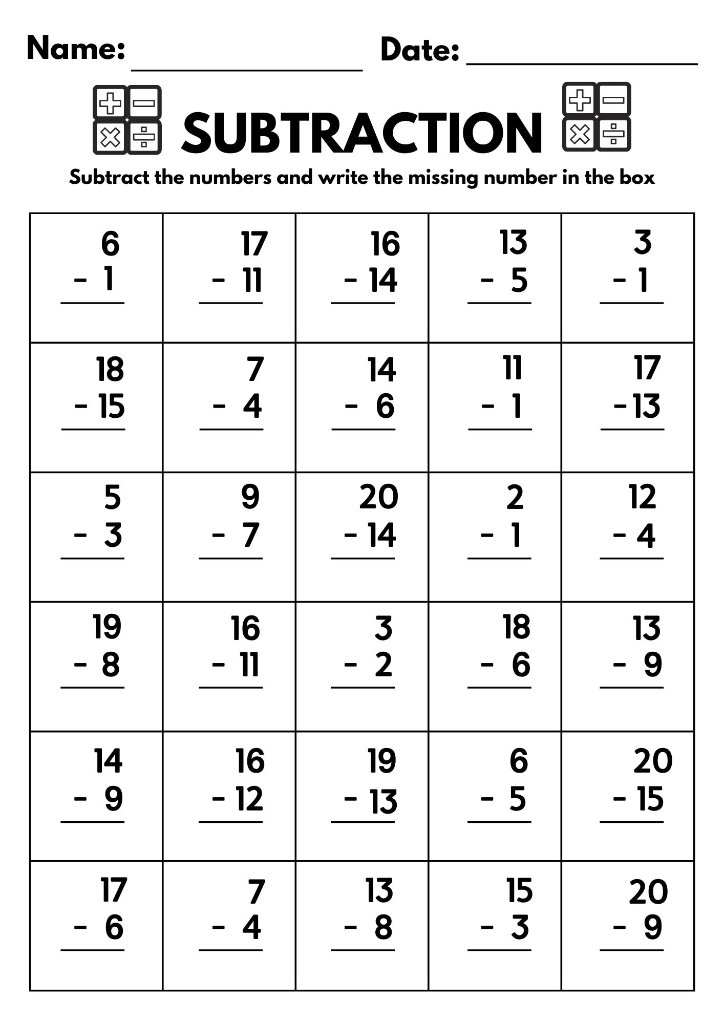 10 Printable Subtraction Fill In The Blanks Worksheets numbers 1 20 For Kindergarten 1st Grade 2nd Grade Math Subtraction Worksheets Etsy