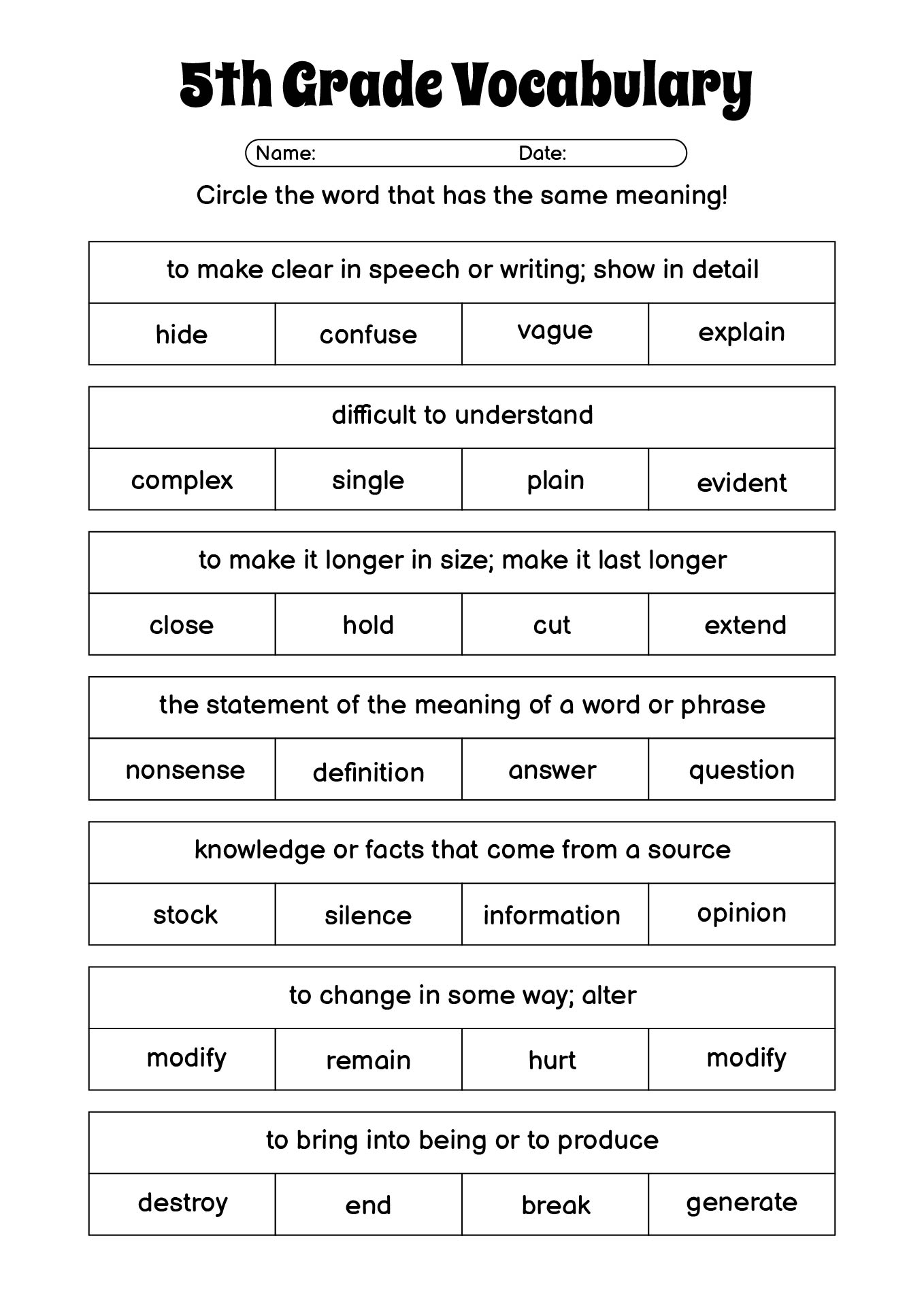 5th grade english worksheets