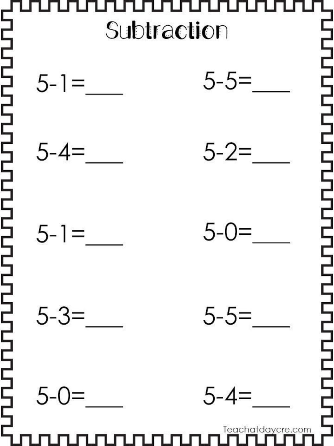20 Printable Subtraction Worksheets Numbers 1 10 Preschool 1st Grade Math Etsy Israel