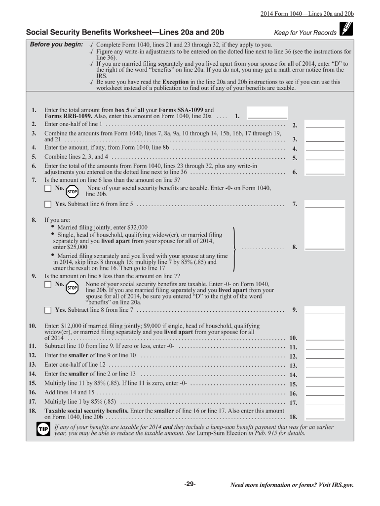 2014 2024 Form IRS Instruction 1040 Line 20a 20b Fill Online Worksheets Library