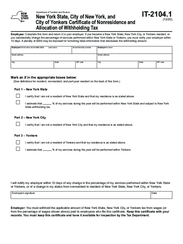 2020 2025 Form NY DTF IT 2104 1 Fill Online Printable Fillable Blank PdfFiller