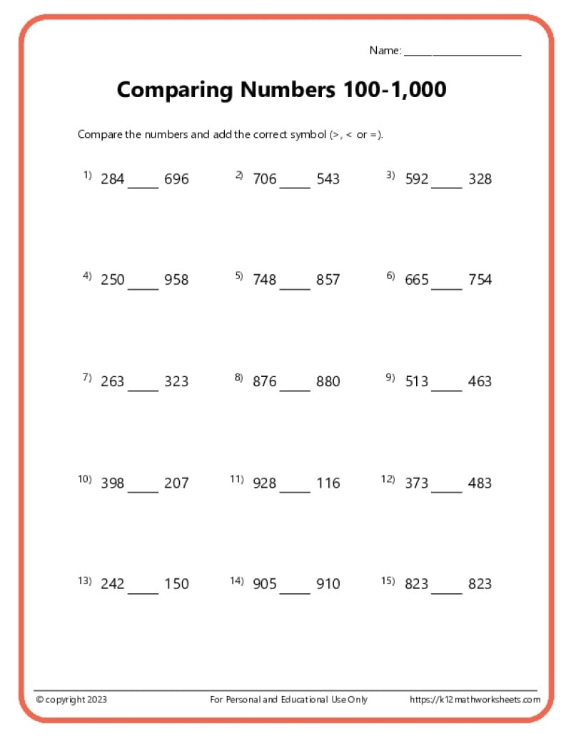 2nd Grade Comparing Numbers Worksheets 2nd Grade Comparing Numbers Worksheets