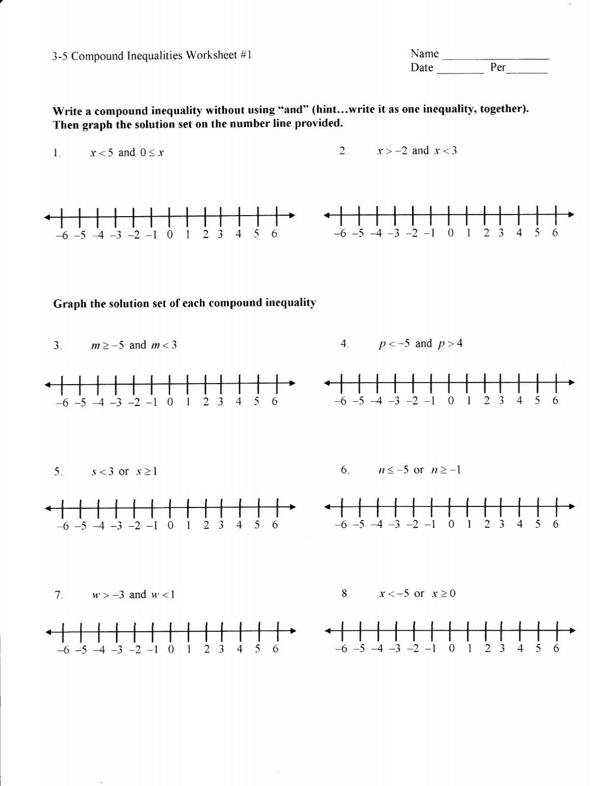 3 5 Compound Inequalities Worksheet l Name Date Per Write A